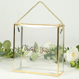 Clear acrylic thank you gift box with gold accents and rope handle.