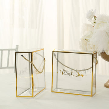 25 Pack Gold Trimmed Clear PVC Gift Boxes with Rope Handles and Thank You Print, Square Transparent Portable Candy Favor Boxes - 8"x8"