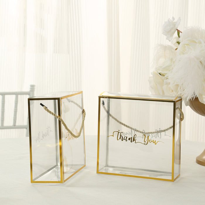 25 Pack Gold Trimmed Clear PVC Gift Boxes with Rope Handles and Thank You Print, Square Transparent