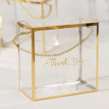 25 Pack Gold Trimmed Clear PVC Gift Boxes with Rope Handles and Thank You Print, Square Transparent Portable Candy Favor Boxes - 8"x8"