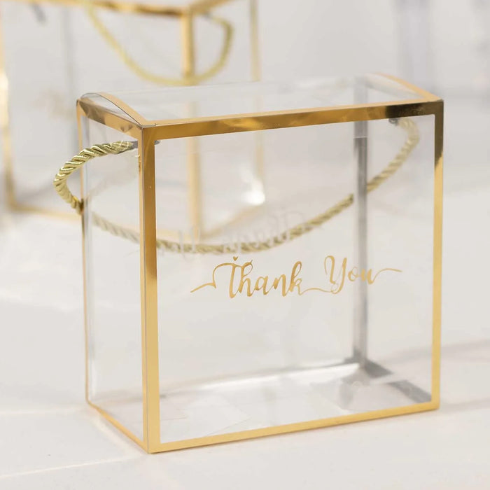 25 Pack Gold Trimmed Clear PVC Gift Boxes with Rope Handles and Thank You Print