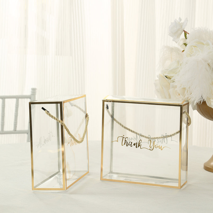 Transparent gift boxes with gold accents and "Thank You" inscriptions.