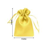 Yellow satin drawstring pouch, 3x4 inches, perfect for gifts or jewelry.
