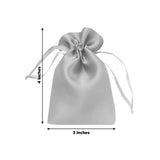 Silver satin drawstring pouch, 3x4 inches, studio shot against a white background.