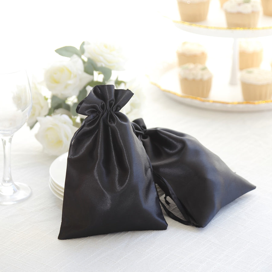 12 Pack | 6inch x 9inch Black Satin Drawstring Wedding Party Favor Gift Bags