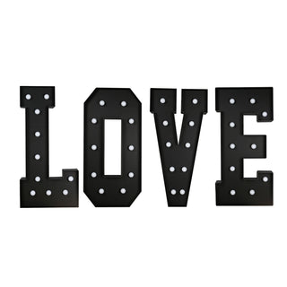 Black marquee letters spelling LOVE with lit bulbs on white background#whtbkgd