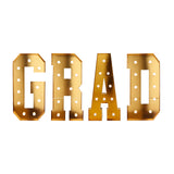 Gold metallic marquee letters spelling GRAD on white background#whtbkgd