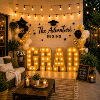 Graduation party backdrop with lights, balloons, and “GRAD” sign outdoors