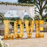 Gold marquee LOVE letters at an outdoor wedding with floral decor and draped canopy