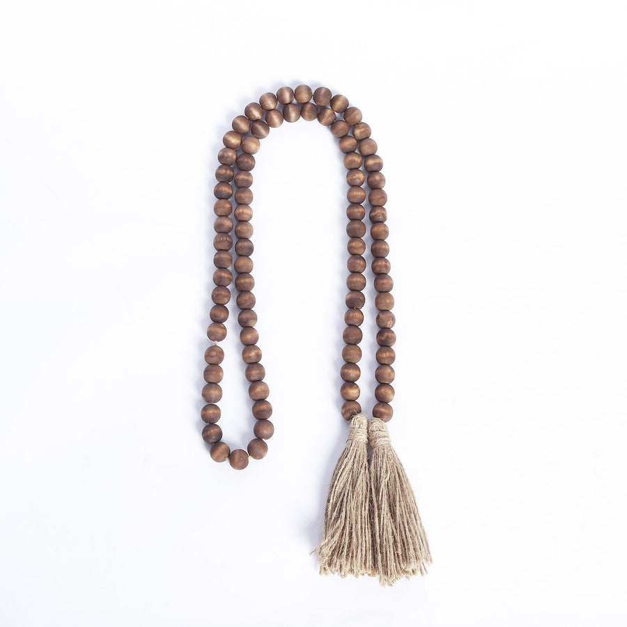 55inch Brown Rustic Boho Chic Wood Bead Garland With Tassels, Farmhouse Country Wood Bead#whtbkgd