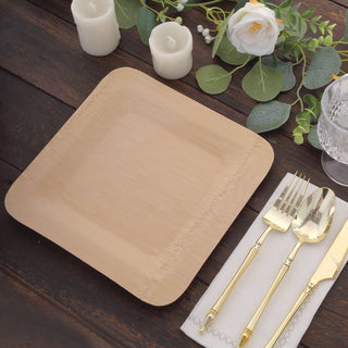 Elegant and Versatile: 10 Pack | 7" Eco Friendly Bamboo Square Disposable Dessert Plates in Natural Brown