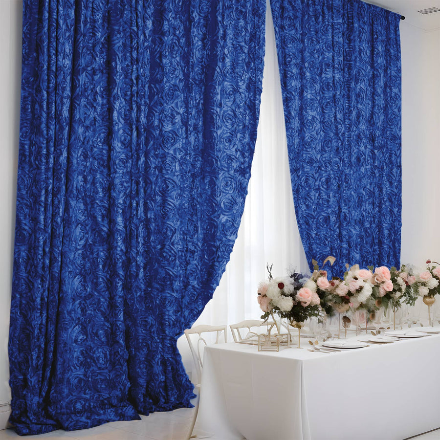 8ftx8ft Royal Blue Satin Rosette Event Curtain Drapes, Backdrop Event Panel