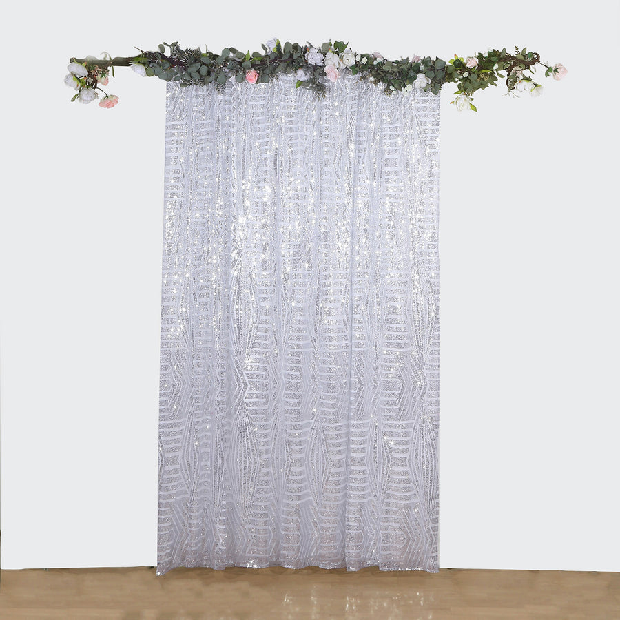 8ftx8ft Silver Geometric Diamond Glitz Sequin Curtain Panel with Satin Backing, Seamless Opaque