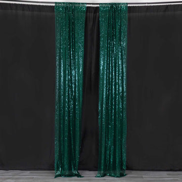2 Pack Hunter Emerald Green Sequin Mesh Backdrop Drapery Panels with Rod Pockets, Seamless Photo Background Glitter Curtain Panels - 8ftx2ft