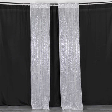 2 Pack Silver Sequin Mesh Backdrop Drapery Panels with Rod Pockets, Seamless Photo Background Glitter Curtain Panels - 8ftx2ft
