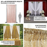 Shimmering sequin backdrop curtains in gold, silver, and white for events
