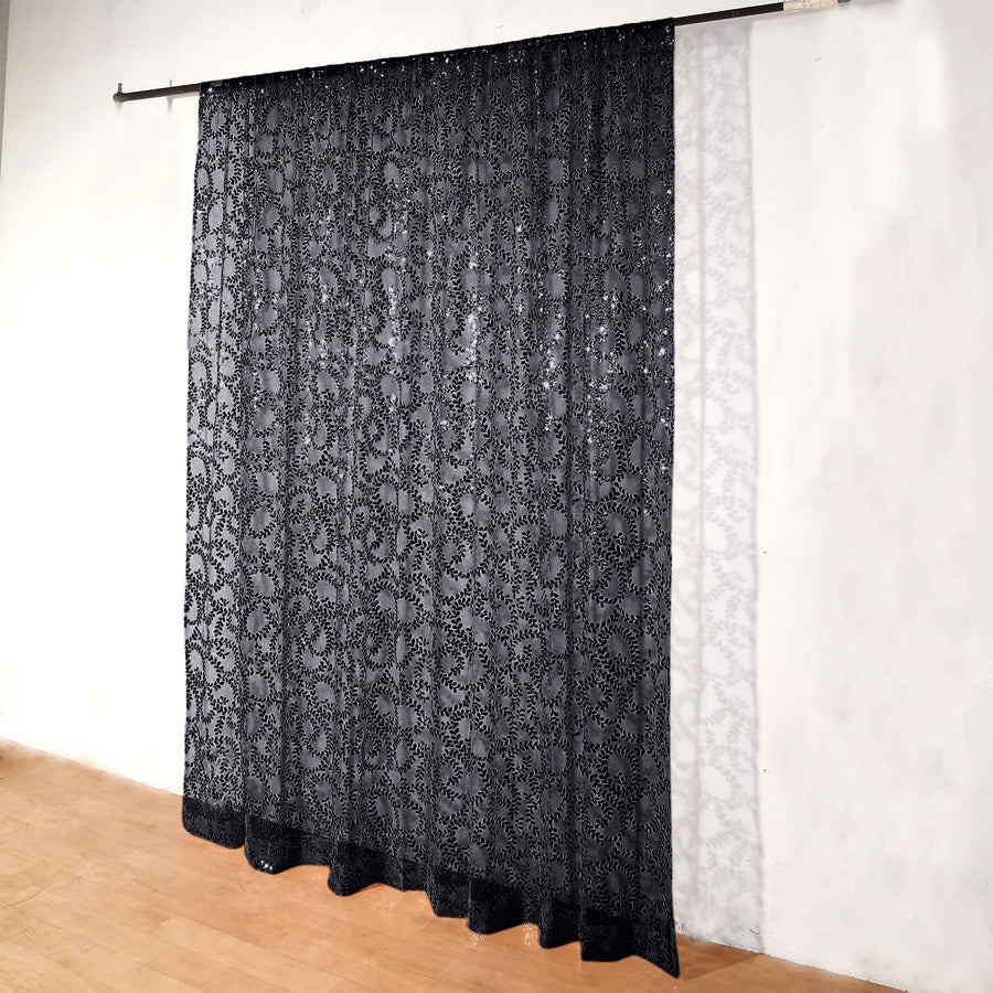 8ftx8ft Black Embroider Sequin Backdrop Curtain, Sparkly Sheer Drapery Panel With Embroidery Leaf