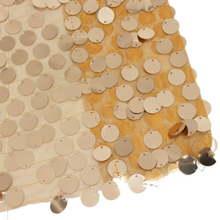 Gold sequin fabric close-up on sheer mesh background