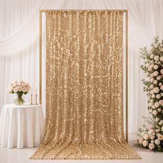 Gold sequin wedding backdrop with white floral arrangements and table decor