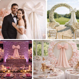 Elegant wedding decor featuring bows, floral arrangements, and a romantic couple.