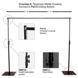 Telescopic crossbar stand assembly with locking system and adjustable levelers