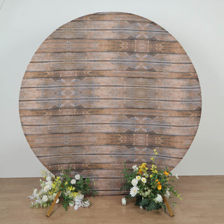 Elevate Your Event with the Rustic Brown Wood Round Spandex Fit Party Backdrop Stand Cover