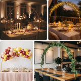 Decorative event setups with elegant centerpieces and lighting.