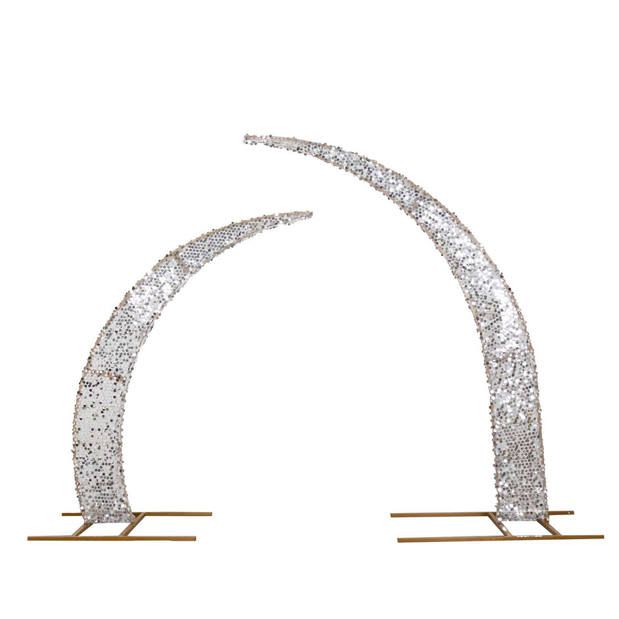Set of 2 Silver Big Payette Sequin Backdrop Stand Cover for Half Crescent Moon Wedding#whtbkgd