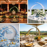 Decorative event setups with elegant tables and birthday themes.