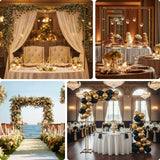 Elegant wedding decor featuring floral arrangements and cake displays.