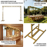 Gold rectangular backdrop stand for indoor and outdoor events, easy assembly.