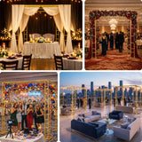Elegant birthday celebration setups with decorations and guests in various venues.
