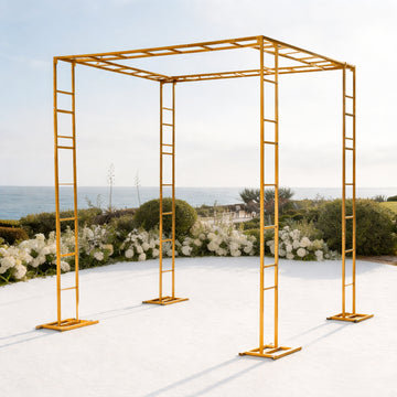 8ft x 10ft Gold Metal Event Arch & Canopy Frame – Rectangular Heavy-Duty 4-Post Ladder-Style Backdrop Stand, Height Adjustable & Portable