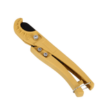 Yellow plastic cable cutter with metal blade, isolated on black background