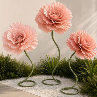 Pink sculptural flowers with green stems in a modern garden landscape