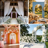 Elegant wedding decor with floral arrangements and balloon arches in various settings.