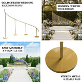 Gold curved wedding backdrop stand with modern wave design and sturdy base.