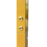 Gold metal frame post close-up with screw details