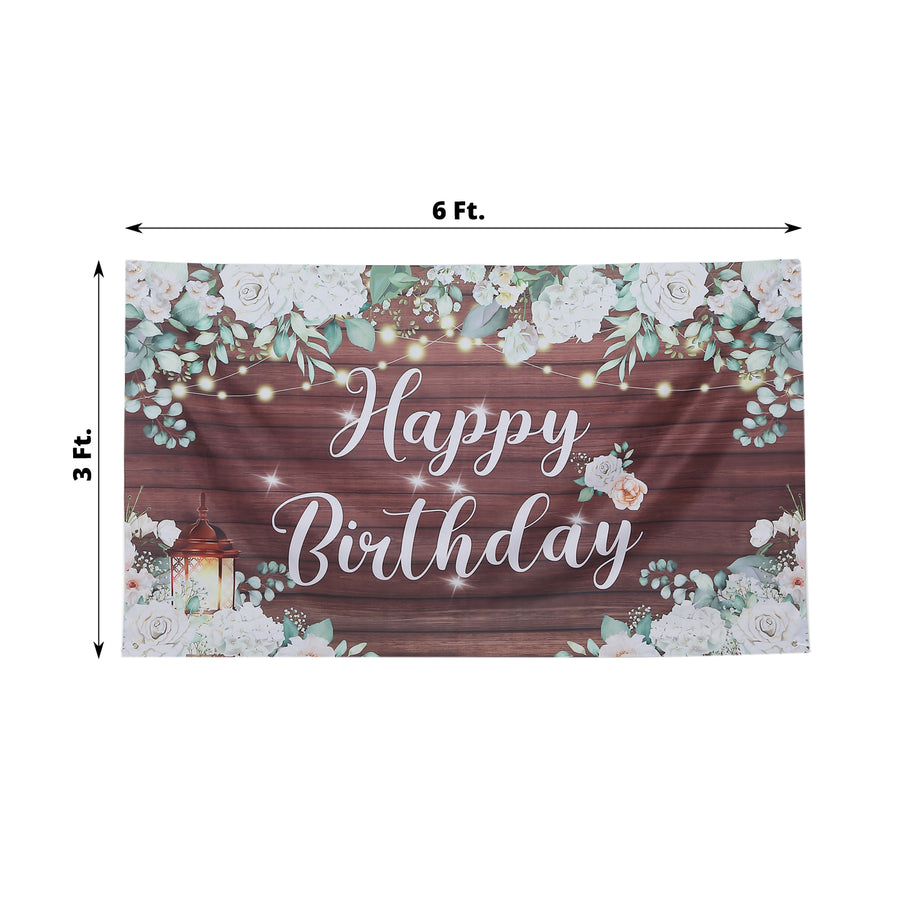 6ftx3ft White Brown Rustic Wood Floral Happy Birthday Photo Backdrop, Large Polyester Background