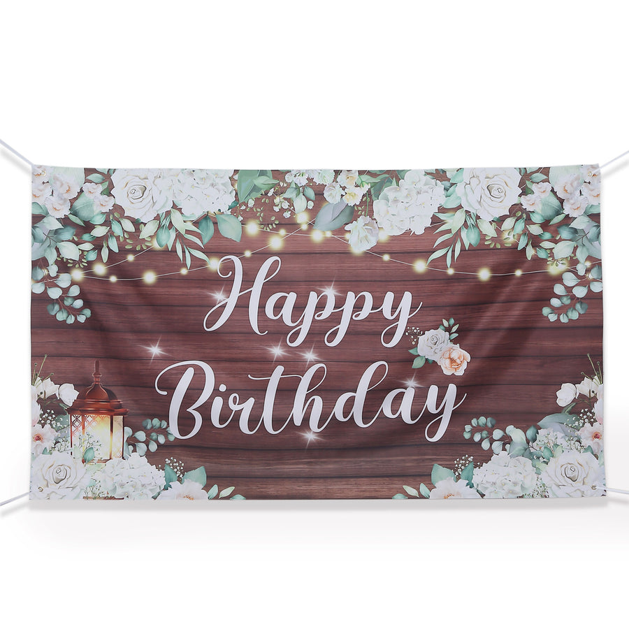 6ftx3ft White Brown Rustic Wood Floral Happy Birthday Photo Backdrop, Large Polyester Background