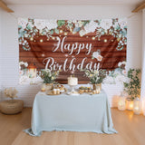 6ftx3ft White Brown Rustic Wood Floral Happy Birthday Photo Backdrop, Large Polyester Background