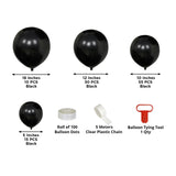 Black balloons in various sizes with tying tools and accessories.