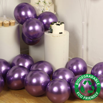 50 Pack Chrome Purple Biodegradable Latex Balloons 12", Thick Eco Friendly Metallic Party Balloons