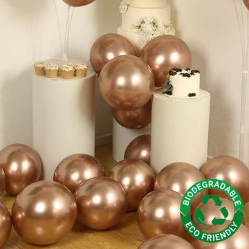 50 Pack Chrome Rose Gold Biodegradable Latex Balloons 12", Thick Eco Friendly Metallic Party Balloons