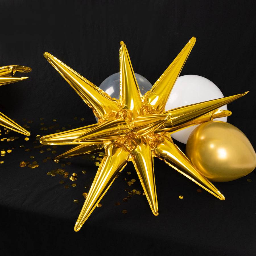 5 Pack Large Metallic Gold 14-Point Starburst Foil Balloons, Fireworks Star