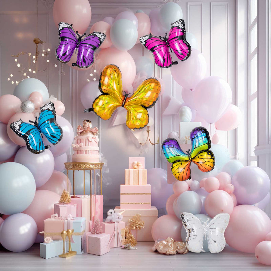 Set of 6 Assorted Butterfly Helium Foil Balloons, Fairy Tale Theme Party Supplies - 21,23,28inch