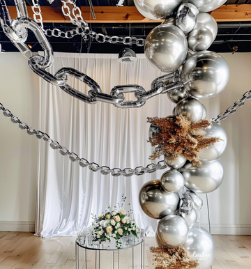 16ft Jumbo Chain Link Balloons in Silver, 30pack 8x12" Durable Foil Chain Balloons for 90s Hip Hop Party Decorations, Event Decor