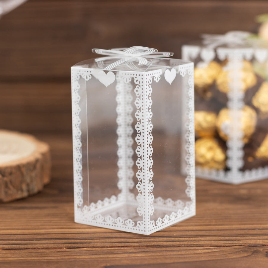 25 Pack Clear Rectangle Candy Gift Boxes With Bowknot and White Lace Pattern