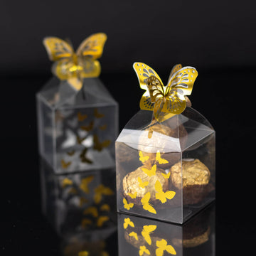 25 Pack Clear Transparent Square Party Favor Boxes with Gold Butterfly Top, Clear Candy Treat Gift Boxes - 2"x2"x4"