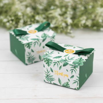 25 Pack Green Monstera Leaf Print Candy Gift Boxes with Satin Ribbon Bow, Thank You Cardstock Paper Party Favor Boxes - 2.5"x2.5"x2"